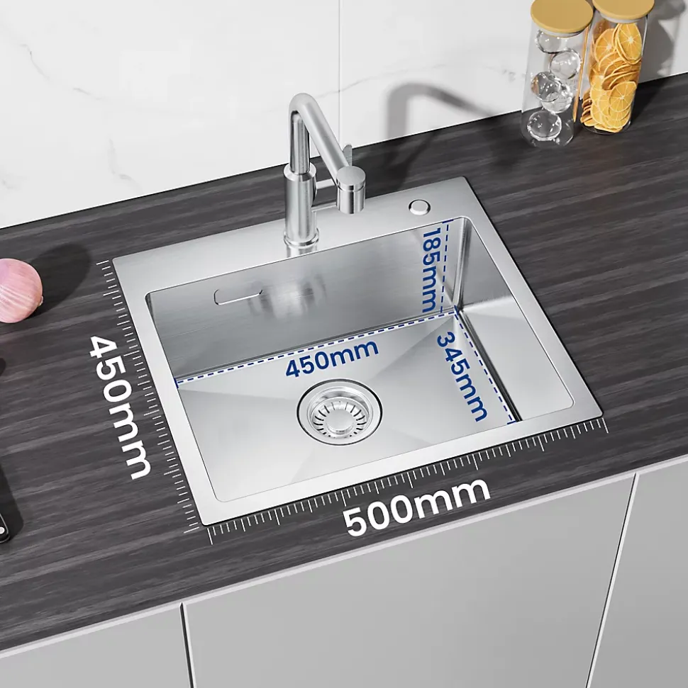 Évier de Cuisine 50 x 45 cm, CECIPA MAX Évier carré en inox brossé, Évier 1 Bac, Lavabo Cuisine Montage Encastré ou Supérieur