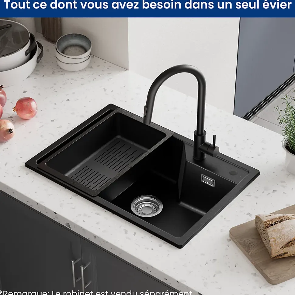 Évier de Cuisine 65 x 45 cm, Cecipa MAX Évier en Granit Noir, Évier 1 Bac avec Panier de Drainage , Évier à Encastrer