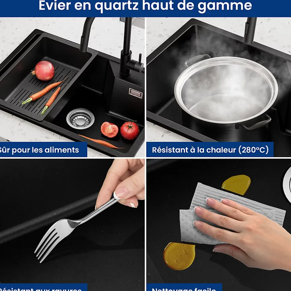 Évier de Cuisine 65 x 45 cm, Cecipa MAX Évier en Granit Noir, Évier 1 Bac avec Panier de Drainage , Évier à Encastrer