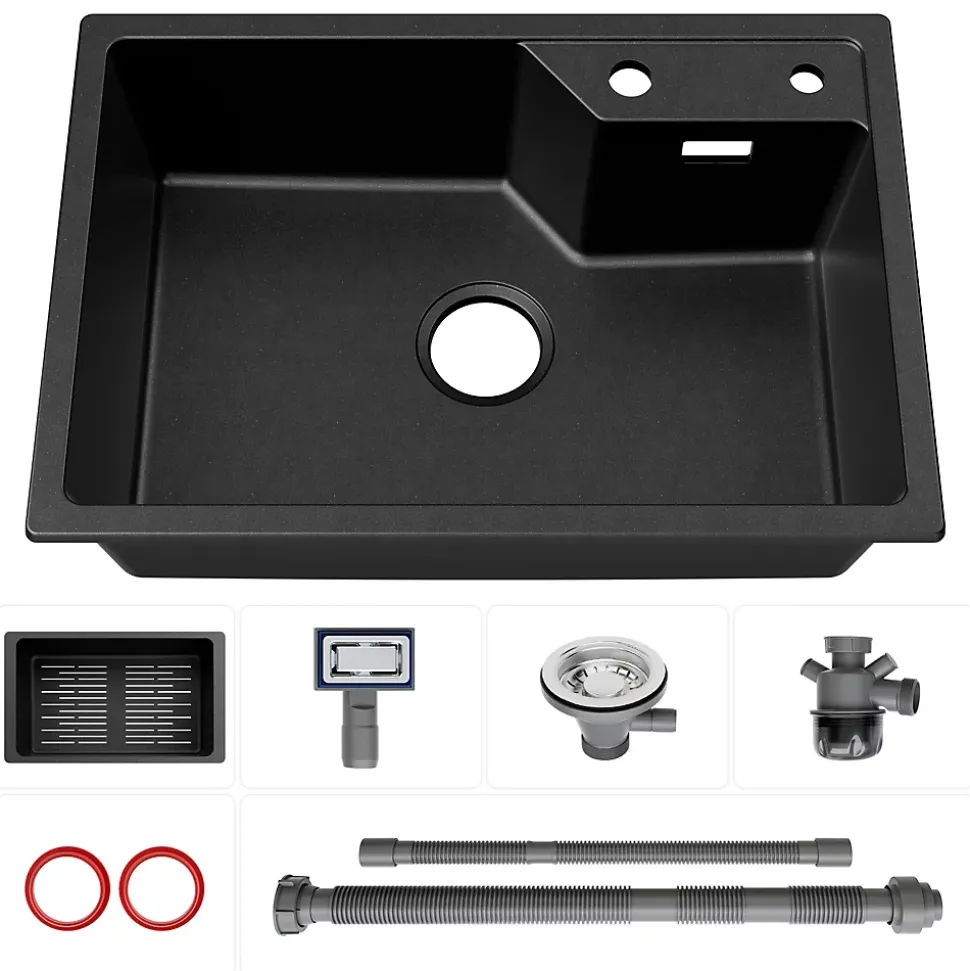Évier de Cuisine 65 x 45 cm, Cecipa MAX Évier en Granit Noir, Évier 1 Bac avec Panier de Drainage , Évier à Encastrer