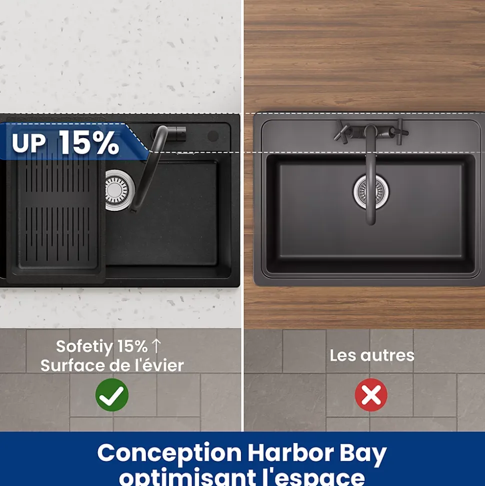 Évier de Cuisine 65 x 45 cm, Cecipa MAX Évier en Granit Noir, Évier 1 Bac avec Panier de Drainage , Évier à Encastrer