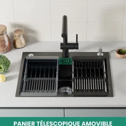 Évier de Cuisine 60 x 49 cm, CECIPA MAX Évier carré en inox brossé, Évier 1 Bac, avec Distributeur de savon et Panier égouttoir