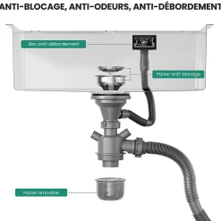 Évier de Cuisine 60 x 49 cm, CECIPA MAX Évier carré en inox brossé, Évier 1 Bac, avec Distributeur de savon et Panier égouttoir