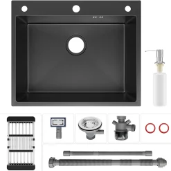 Évier de Cuisine 60 x 49 cm, CECIPA MAX Évier carré en inox brossé, Évier 1 Bac, avec Distributeur de savon et Panier égouttoir