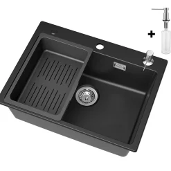 Évier de Cuisine 60 x 45 cm, CECIPA MAX Évier en granit , Évier 1 Bac avec Panier de Drainage + Distributeur de Savon