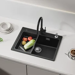 Évier de Cuisine 60 x 45 cm, CECIPA MAX Évier en granit , Évier 1 Bac avec Panier de Drainage + Distributeur de Savon