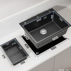 Évier de Cuisine 60 x 45 cm, CECIPA MAX Évier en granit , Évier 1 Bac avec Panier de Drainage + Distributeur de Savon