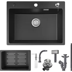 Évier de Cuisine 60 x 45 cm, CECIPA MAX Évier en granit , Évier 1 Bac avec Panier de Drainage + Distributeur de Savon