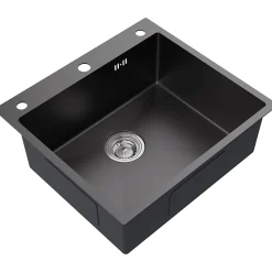 Évier de Cuisine 55 x 45 cm, CECIPA MAX Évier en inox Noir, Évier 1 Bac Montage Encastré ou Supérieur + Distributeur de Savon
