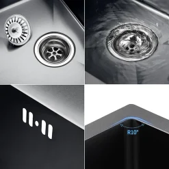 Évier de Cuisine 55 x 45 cm, CECIPA MAX Évier en inox Noir, Évier 1 Bac Montage Encastré ou Supérieur + Distributeur de Savon