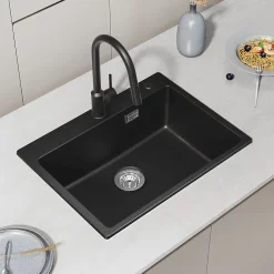 Évier de Cuisine 60 x 45 cm, CECIPA MAX Évier en granit , Évier 1 Bac avec Panier de Drainage