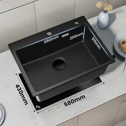 Évier de Cuisine 60 x 45 cm, CECIPA MAX Évier en granit , Évier 1 Bac avec Panier de Drainage