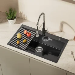 Évier de Cuisine 75 x 45 cm, CECIPA MAX Évier en Inox Noir , Évier 1 Bac avec Panier de Drainage