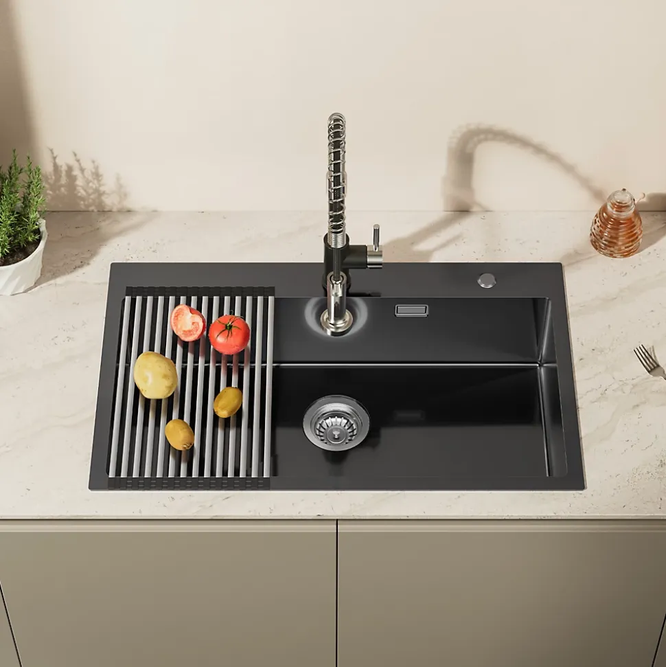 Évier de Cuisine 75 x 45 cm, CECIPA MAX Évier en Inox Noir , Évier 1 Bac avec Panier de Drainage