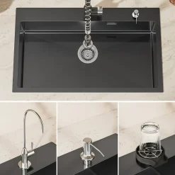 Évier de Cuisine 75 x 45 cm, CECIPA MAX Évier en Inox Noir , Évier 1 Bac avec Panier de Drainage