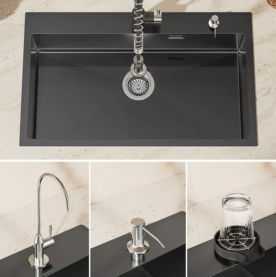 Évier de Cuisine 75 x 45 cm, CECIPA MAX Évier en Inox Noir , Évier 1 Bac avec Panier de Drainage