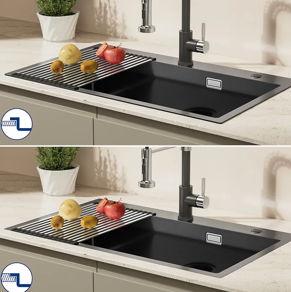 Évier de Cuisine 75 x 45 cm, CECIPA MAX Évier en Inox Noir , Évier 1 Bac avec Panier de Drainage