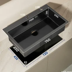 Évier de Cuisine 75 x 45 cm, CECIPA MAX Évier en Inox Noir , Évier 1 Bac avec Panier de Drainage