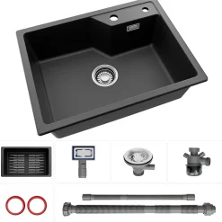 Évier de Cuisine 60 x 45 cm, Cecipa MAX Évier en Granit Noir, Évier 1 Bac avec Panier de Drainage , Évier à Encastrer