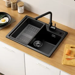 Évier de Cuisine 60 x 45 cm, Cecipa MAX Évier en Granit Noir, Évier 1 Bac avec Panier de Drainage , Évier à Encastrer