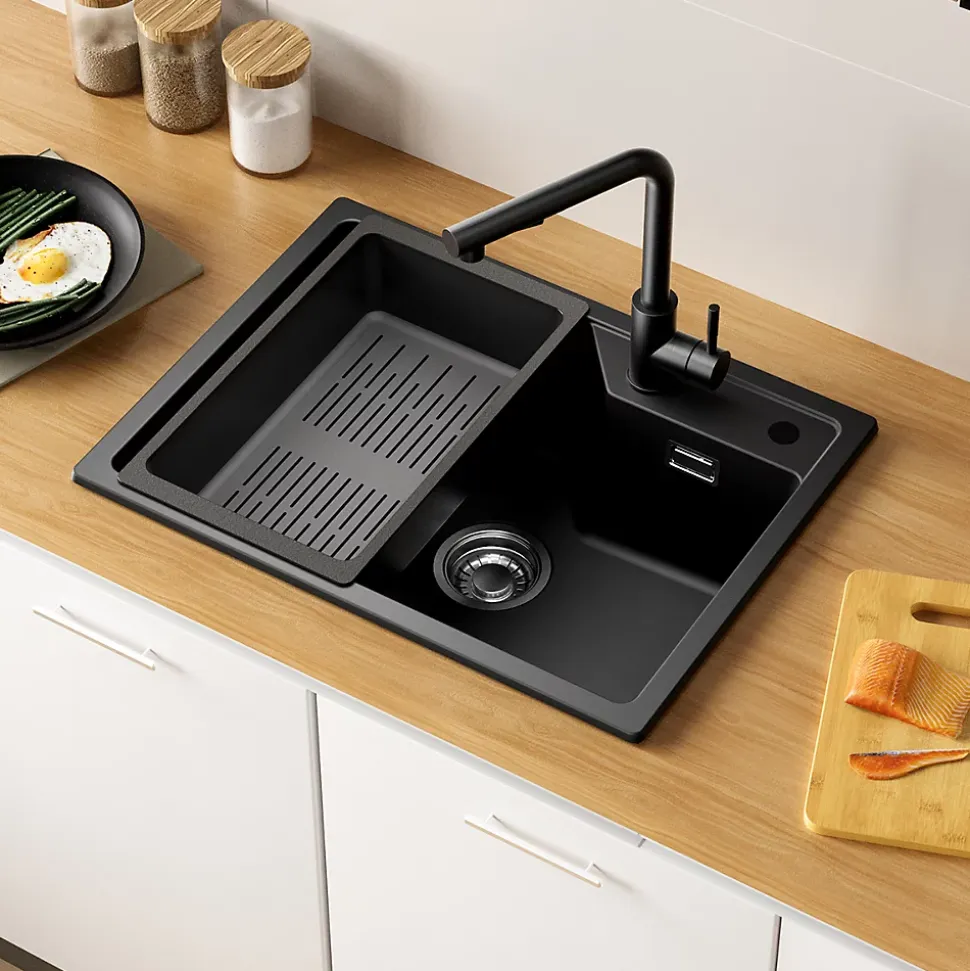 Évier de Cuisine 60 x 45 cm, Cecipa MAX Évier en Granit Noir, Évier 1 Bac avec Panier de Drainage , Évier à Encastrer