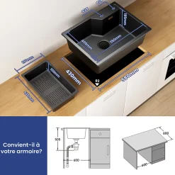 Évier de Cuisine 60 x 45 cm, Cecipa MAX Évier en Granit Noir, Évier 1 Bac avec Panier de Drainage , Évier à Encastrer