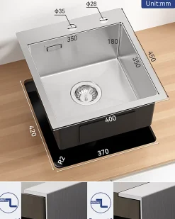 Évier de Cuisine 40 x 45 cm, CECIPA MAX Évier en inox brossé, Évier 1 Bac, Lavabo Cuisine Montage Encastré ou Supérieur