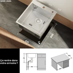 Évier de Cuisine 49 x 44 cm, CECIPA MAX Évier en inox, Évier 1 Bac Montage Encastré ou Supérieur