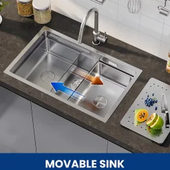 Évier de Cuisine 70 x 44 cm, CECIPA MAX Évier en inox brossé, Évier 1 Bac Montage Encastré ou Supérieur