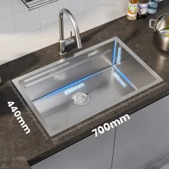 Évier de Cuisine 70 x 44 cm, CECIPA MAX Évier en inox brossé, Évier 1 Bac Montage Encastré ou Supérieur