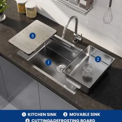 Évier de Cuisine 70 x 44 cm, CECIPA MAX Évier en inox brossé, Évier 1 Bac Montage Encastré ou Supérieur