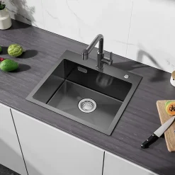 Évier de Cuisine 50 x 45 cm, CECIPA MAX Évier carré en inox brossé, Évier 1 Bac, Lavabo Cuisine Montage Encastré ou Supérieur