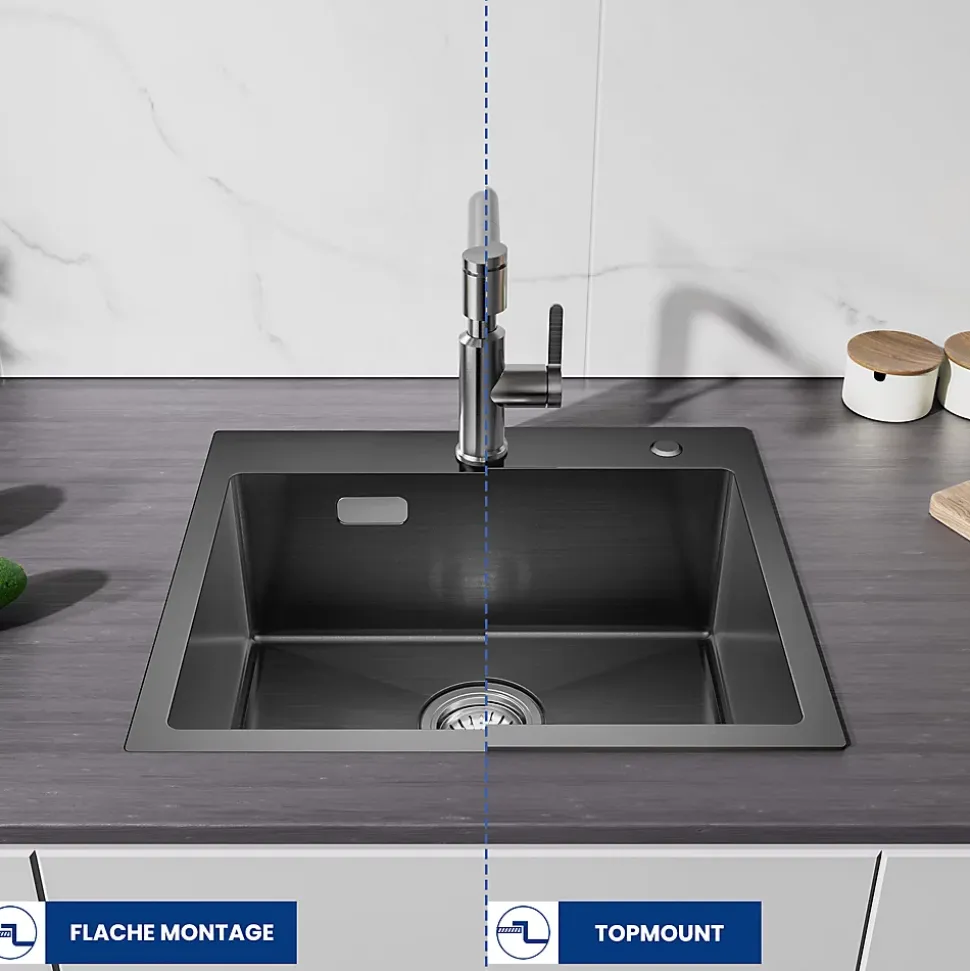 Évier de Cuisine 50 x 45 cm, CECIPA MAX Évier carré en inox brossé, Évier 1 Bac, Lavabo Cuisine Montage Encastré ou Supérieur