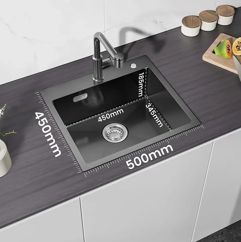 Évier de Cuisine 50 x 45 cm, CECIPA MAX Évier carré en inox brossé, Évier 1 Bac, Lavabo Cuisine Montage Encastré ou Supérieur