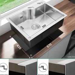 Évier de Cuisine 60 x 45 cm, Cecipa MAX Évier en Inox Brossé, Évier 1 Bac avec Panier de Drainage , Évier à Encastrer