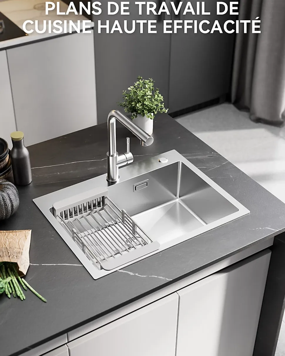 Évier de Cuisine 60 x 45 cm, Cecipa MAX Évier en Inox Brossé, Évier 1 Bac avec Panier de Drainage , Évier à Encastrer