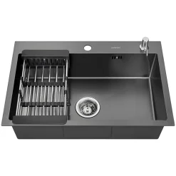 Évier de Cuisine 68 x 45 cm, SOFETIY MAX Évier en Inox Noir, Évier 1 Bac avec Panier de Drainage