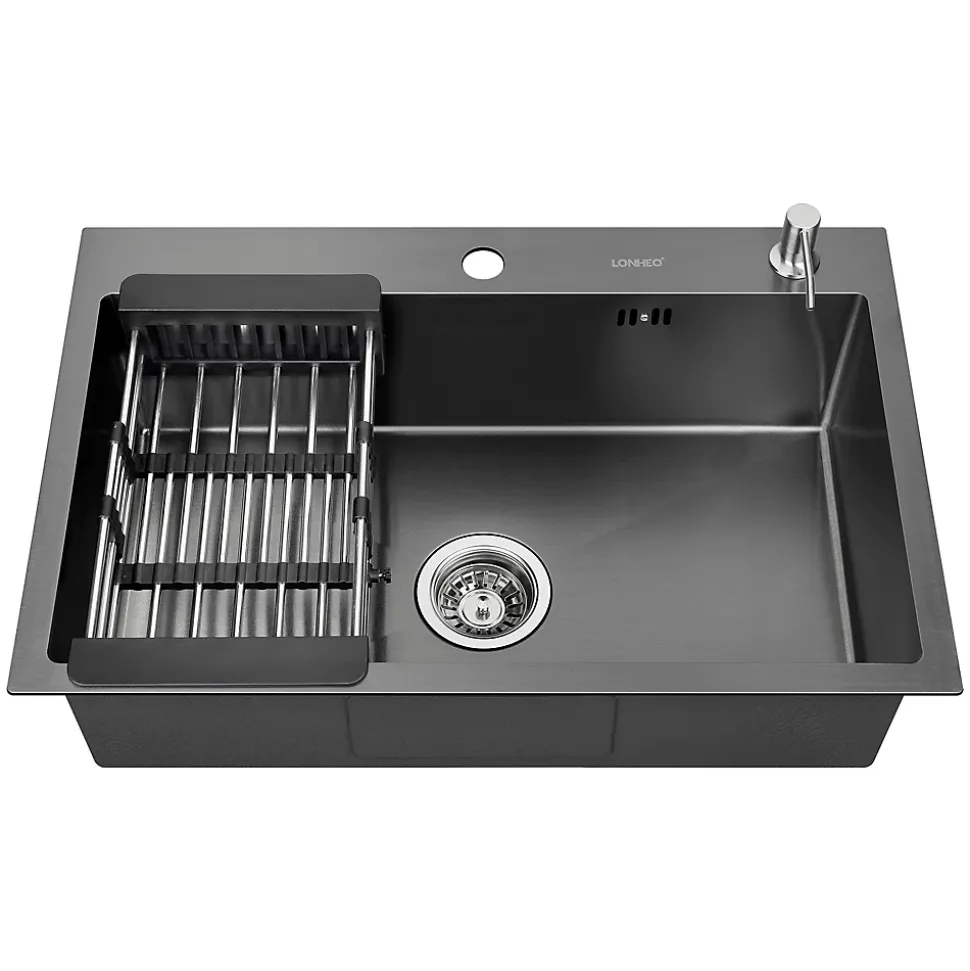 Évier de Cuisine 68 x 45 cm, SOFETIY MAX Évier en Inox Noir, Évier 1 Bac avec Panier de Drainage
