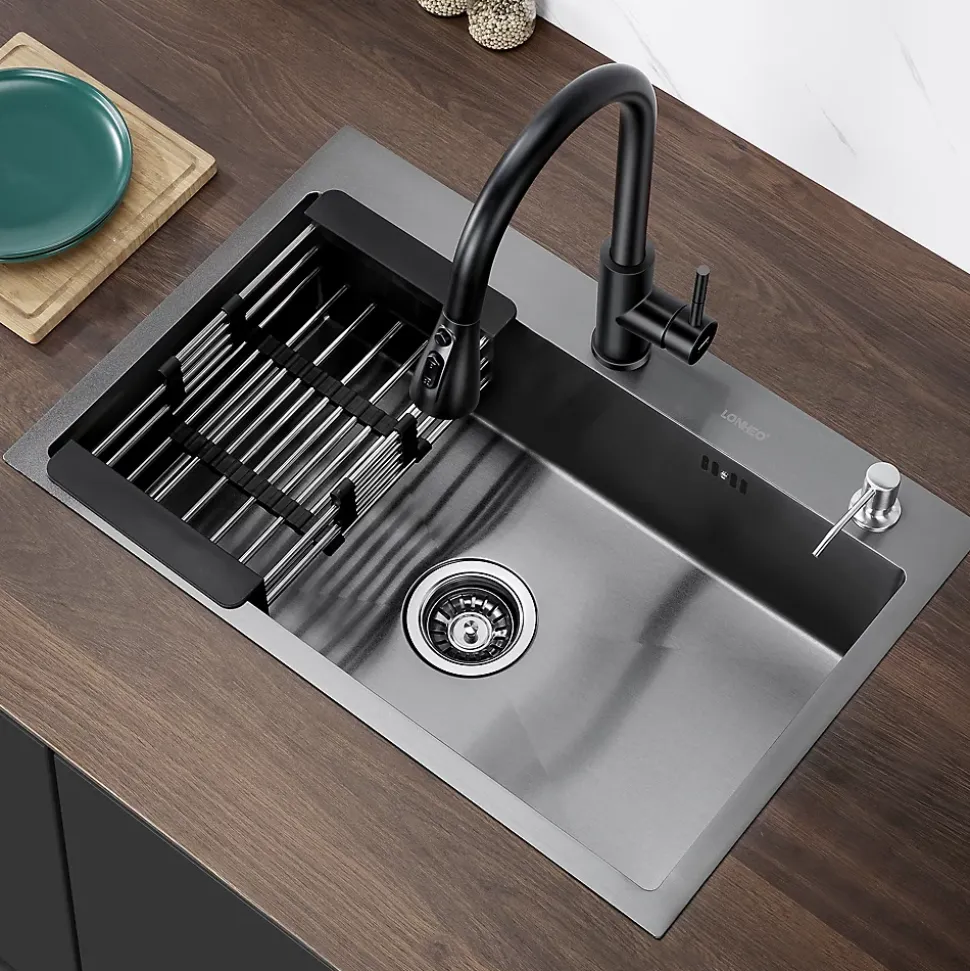 Évier de Cuisine 68 x 45 cm, SOFETIY MAX Évier en Inox Noir, Évier 1 Bac avec Panier de Drainage