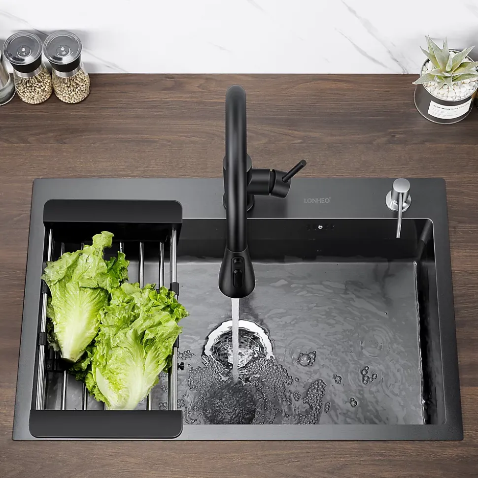 Évier de Cuisine 68 x 45 cm, SOFETIY MAX Évier en Inox Noir, Évier 1 Bac avec Panier de Drainage