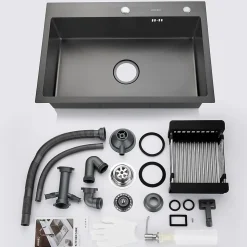 Évier de Cuisine 68 x 45 cm, SOFETIY MAX Évier en Inox Noir, Évier 1 Bac avec Panier de Drainage