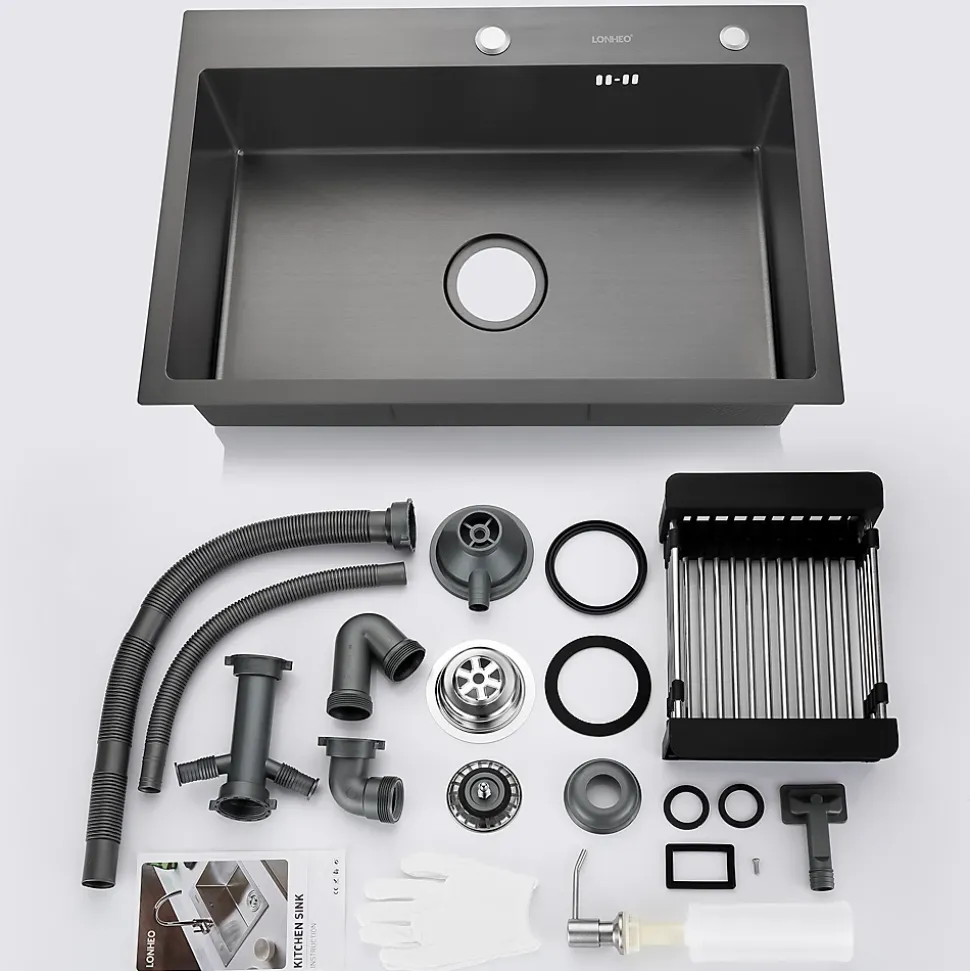 Évier de Cuisine 68 x 45 cm, SOFETIY MAX Évier en Inox Noir, Évier 1 Bac avec Panier de Drainage