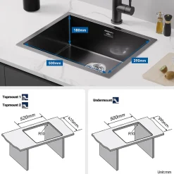 Évier de Cuisine 55 x 44 cm, SOFETIY MAX Évier en inox Noir, Évier 1 Bac Montage Encastré ou Supérieur