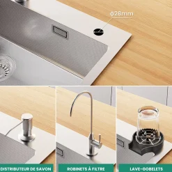 Évier de Cuisine 75 x 45 cm, SOFETIY MAX Évier en Inox, Évier 1 Bac avec Panier de Drainage