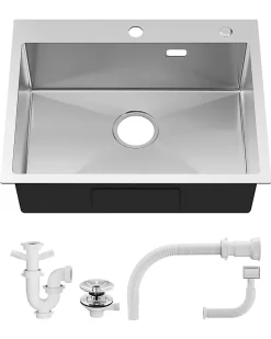 Évier de Cuisine 60 x 48 cm, SOFETIY MAX Évier carré en inox brossé, Évier 1 Bac, Lavabo Cuisine Montage Encastré ou Supérieur