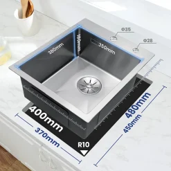 Évier de Cuisine 40 x 48 cm, SOFETIY MAX Évier carré en inox brossé, Évier 1 Bac, Lavabo Cuisine Montage Encastré ou Supérieur