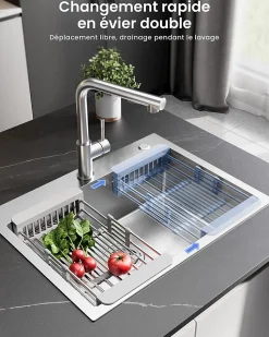 Évier de Cuisine 60 x 45 cm, SOFETIY MAX Évier en Inox Brossé, Évier 1 Bac avec Panier de Drainage , Évier à Encastrer