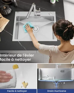Évier de Cuisine 60 x 45 cm, SOFETIY MAX Évier en Inox Brossé, Évier 1 Bac avec Panier de Drainage , Évier à Encastrer