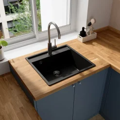 Évier de cuisine en composite de quartz noir 1 bac à encastrer GoodHome Hirase