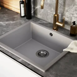 Évier de cuisine en composite de quartz gris mat 1 bac à encastrer GoodHome Sorrel